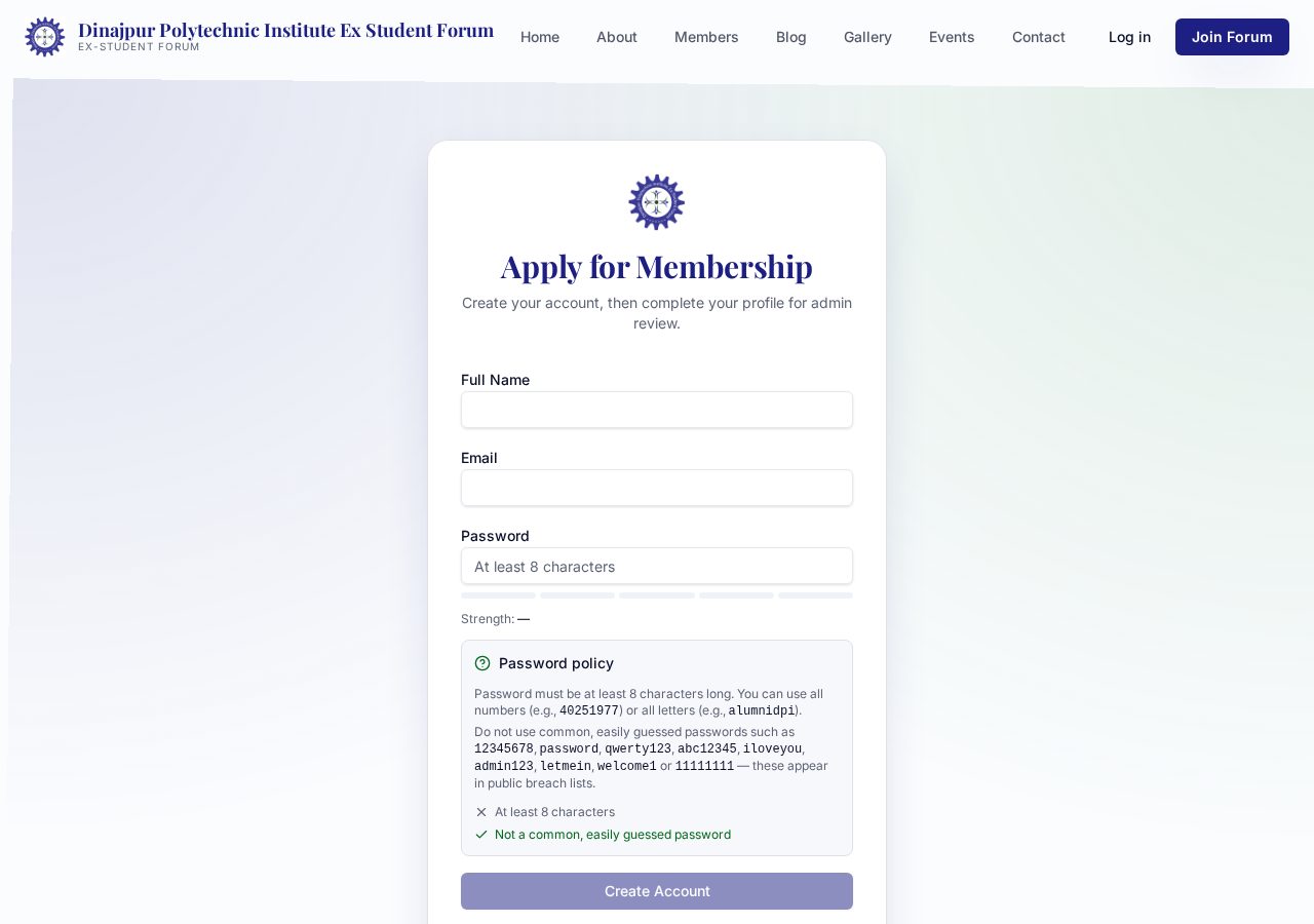 Apply for Membership form with full name, email and password fields