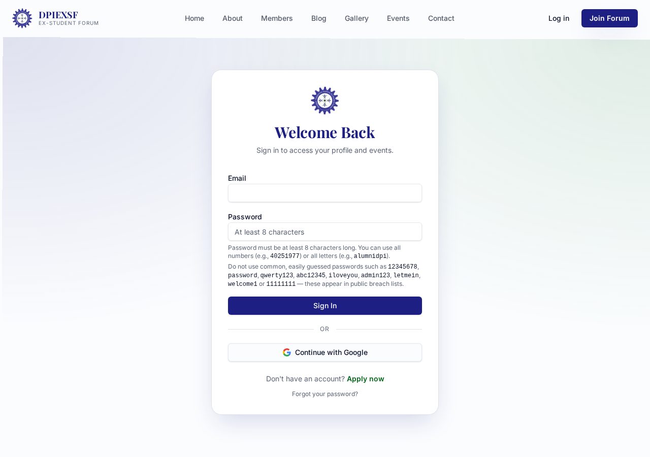 Sign in page with email and password fields