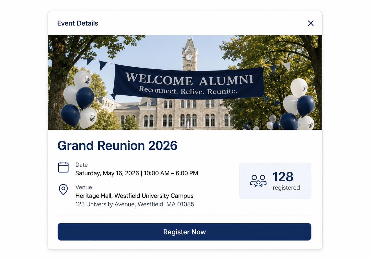 Event details pop-up with date, venue and Register Now button