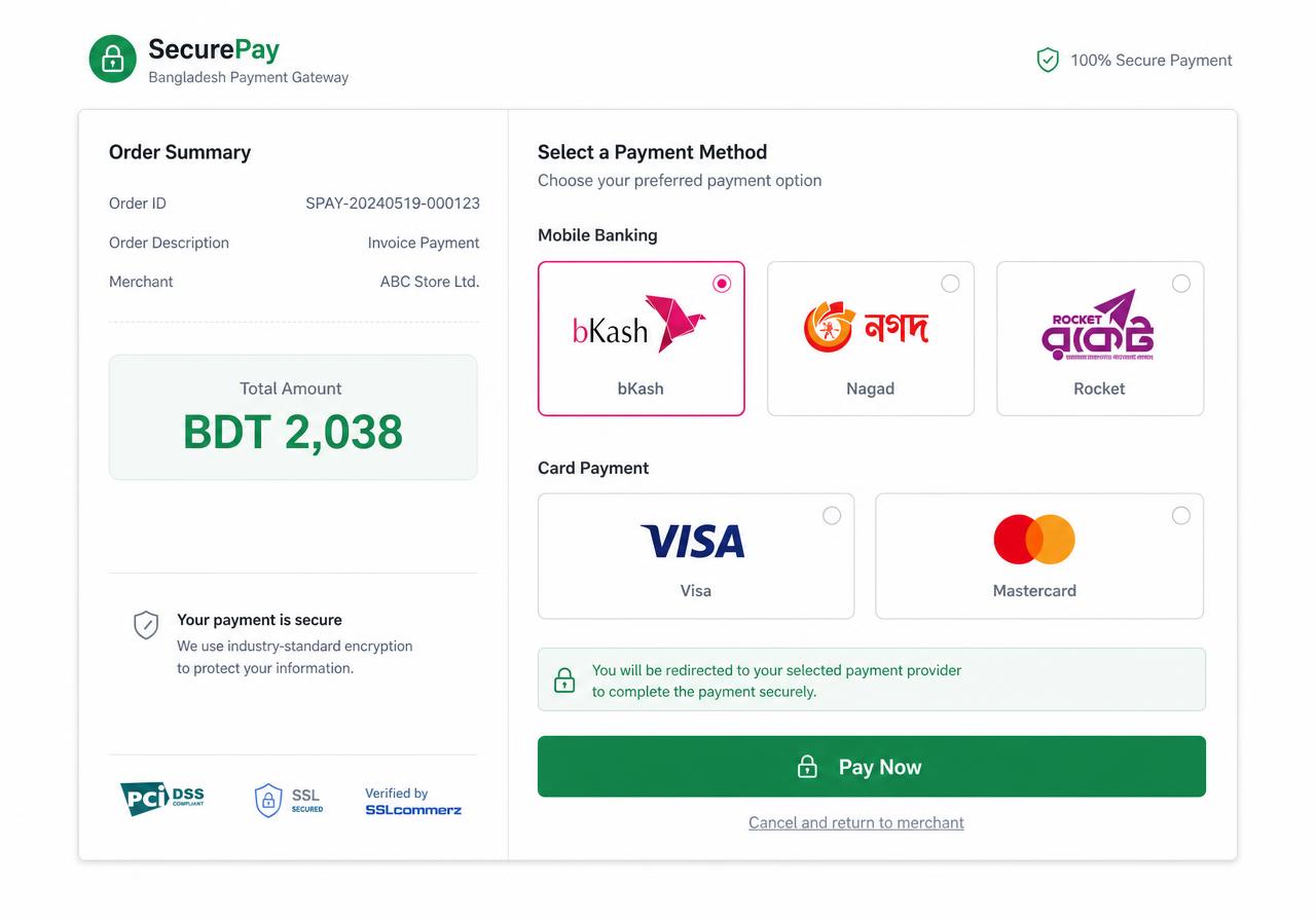 Payment gateway page with mobile banking and card options