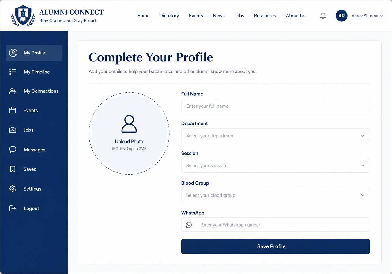 Profile page with department, session and contact fields