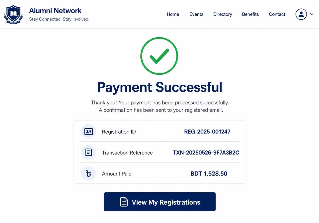 Payment successful screen with registration ID and amount